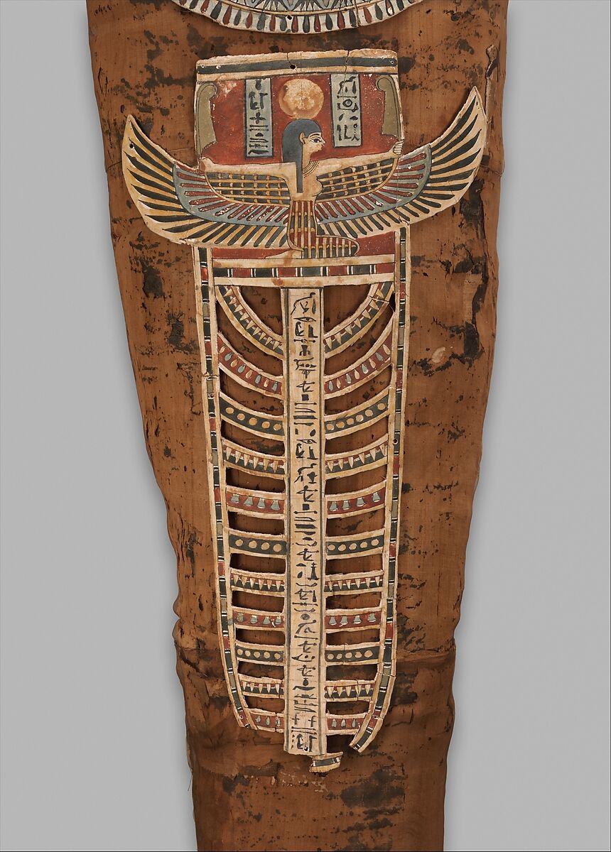 Mummy of Nesmin with plant wreath, mask, and other cartonnage elements, Mummified human body, linen, mummification material, faience? (amulets), painted and gilded cartonnage, plant remains
