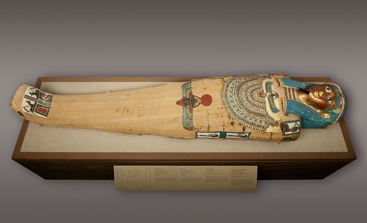 Mummy of Irtirutja with mask and other cartonnage elements, Human remains, linen, mummification materials, painted and gilded cartonnage 