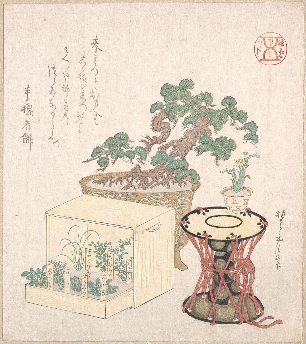 Potted Pine Tree Drum and Seven Herbs Planted in a Box, Sunayama Gosei (Japanese, 18th–19th century), Woodblock print (surimono); ink and color on paper, Japan 