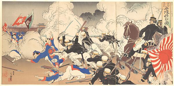 The Fall of Pyongyang, from a series on the Sino-Japanese War, Migita Toshihide (Japanese, 1863–1925), Set of six woodblock prints; ink and color on paper, Japan 