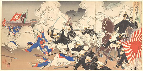 The Fall of Pyongyang, from a series on the Sino-Japanese War, Migita Toshihide  Japanese, Set of six woodblock prints; ink and color on paper, Japan