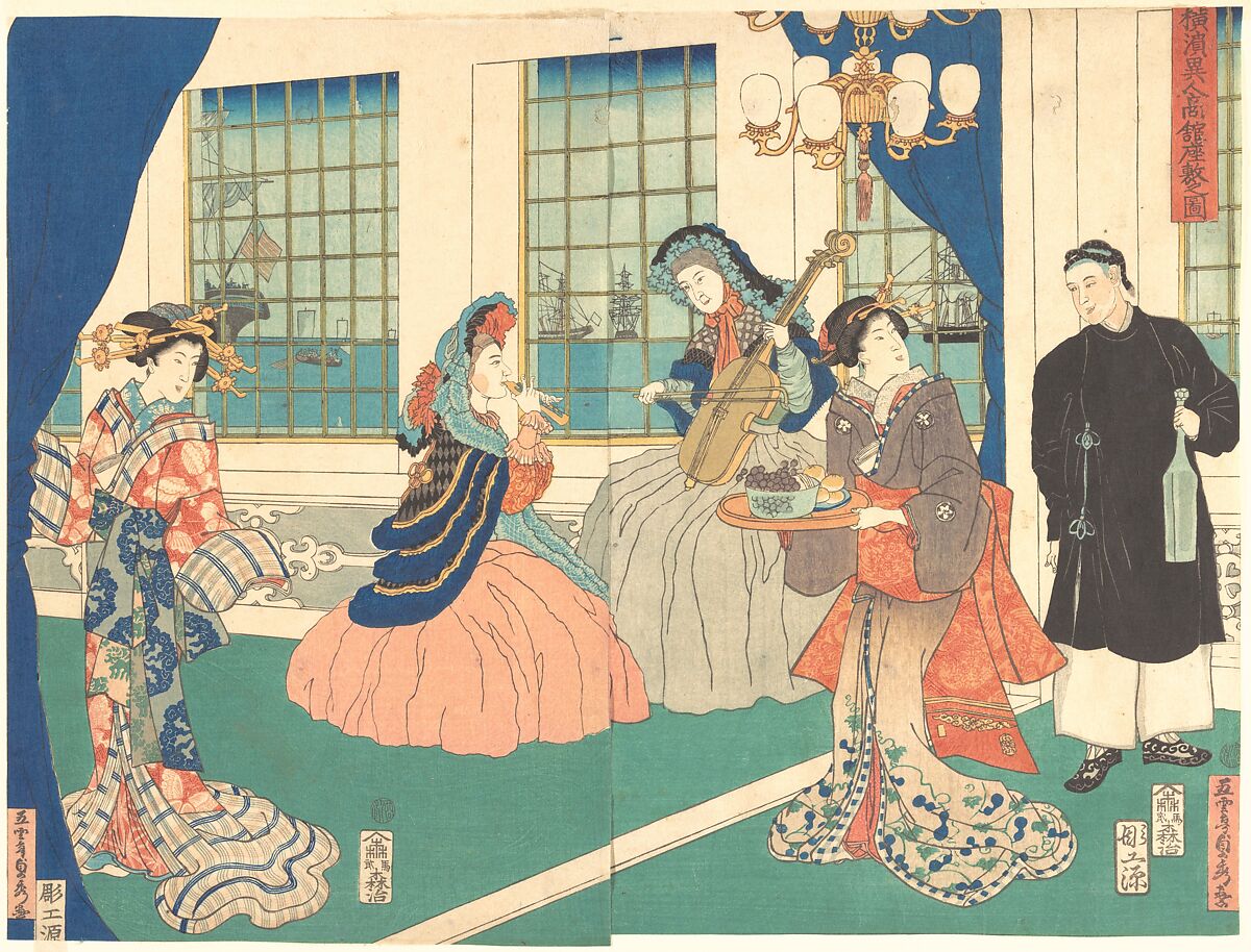 Drawing Room of a Foreign Business Establishment in Yokohama, Utagawa (Gountei) Sadahide (Japanese, 1807–1873), Center and right sheets of a triptych of woodblock prints; ink and color on paper, Japan 