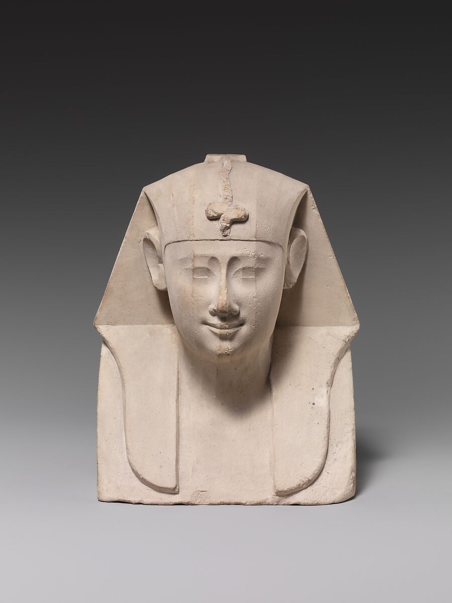 Bust of a royal figure with downward-hanging snake, Limestone 