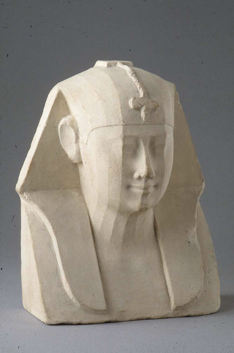 Bust of a royal figure with downward-hanging snake, Limestone