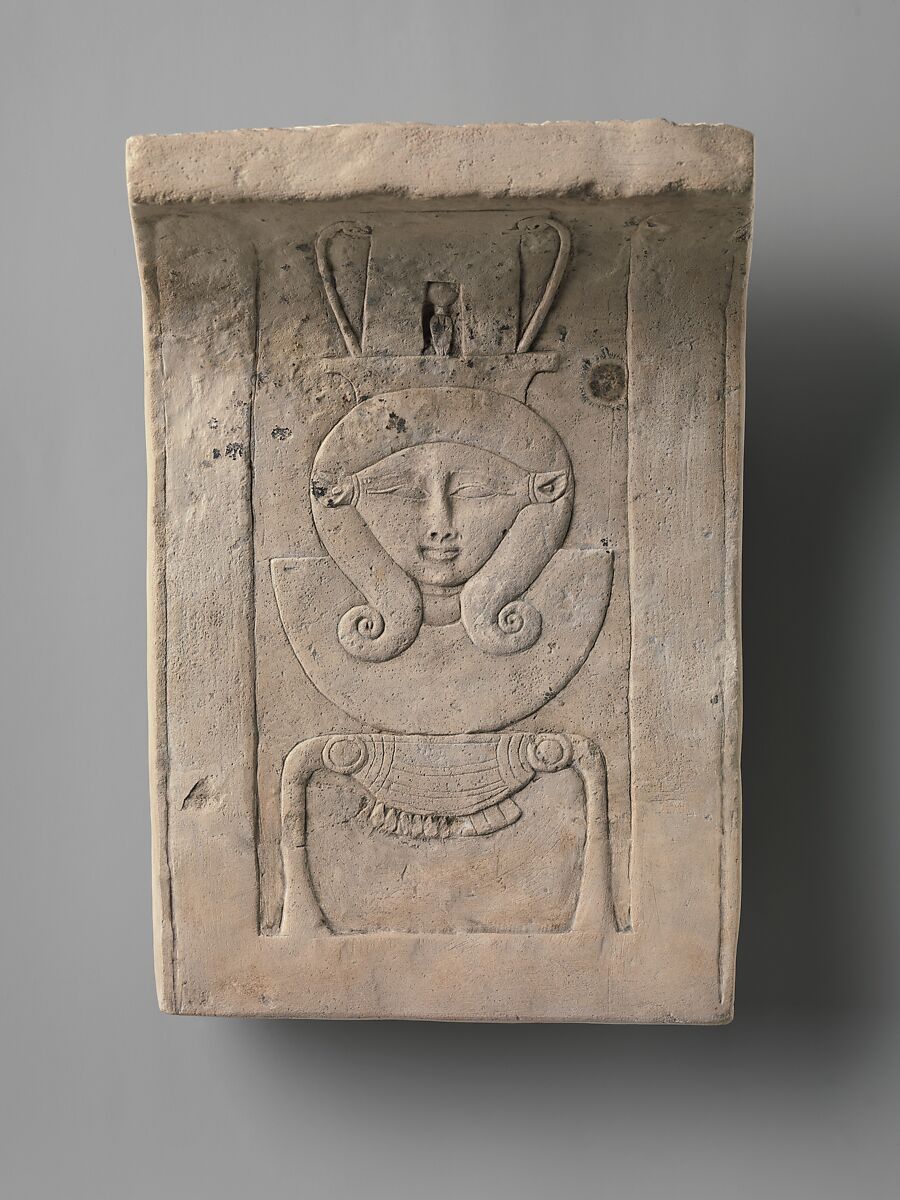 Relief plaque of Hathor emblem, curved as if from a temple frieze, Limestone 