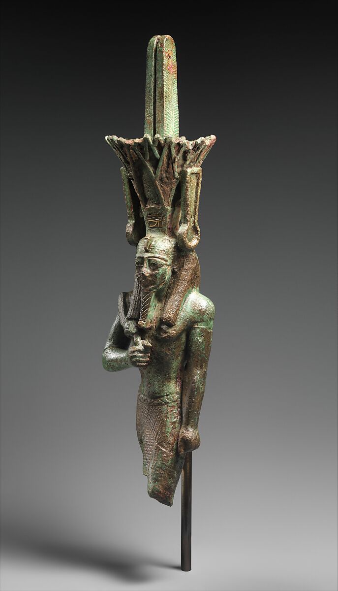 Nefertum, cupreous metal, black bronze and precious metal inlay, glass