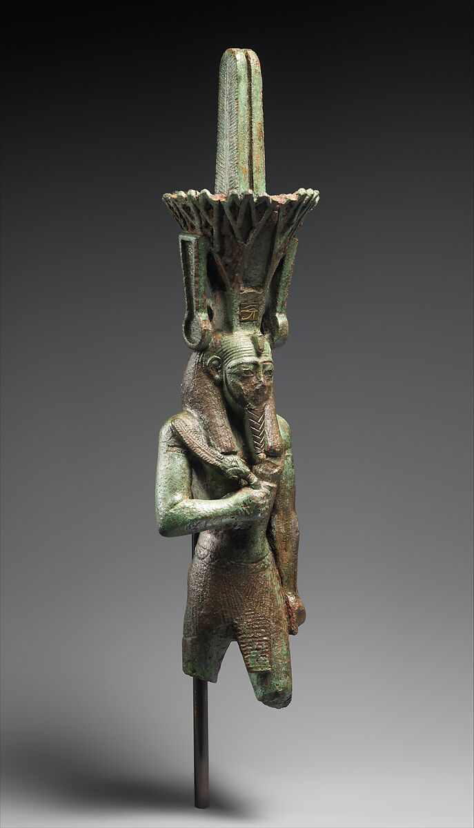 Nefertum, cupreous metal, black bronze and precious metal inlay, glass