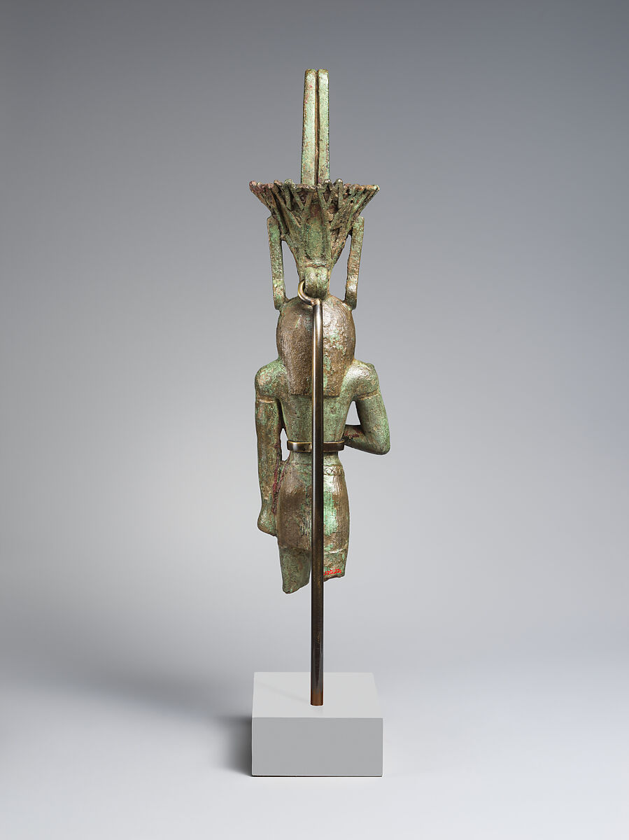 Nefertum, cupreous metal, black bronze and precious metal inlay, glass