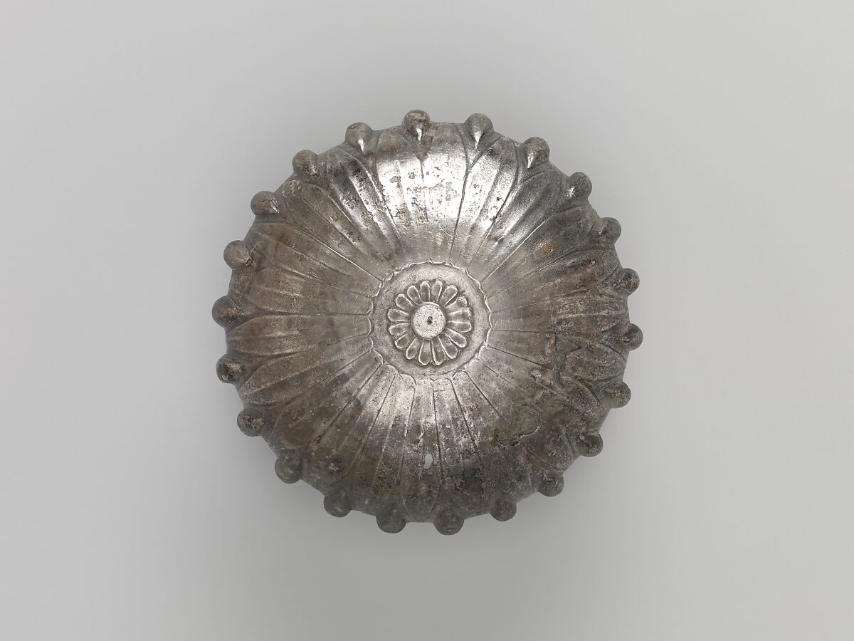 Bowl with acorn bosses at shoulder, lotus pattern beneath, and rosette on bottom, and with inscribed weight, Silver
