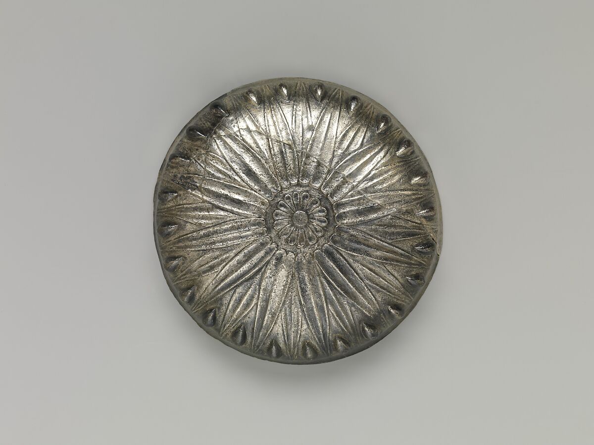 Bowl with bosses and lotus pattern and demotic weight on rim, Silver