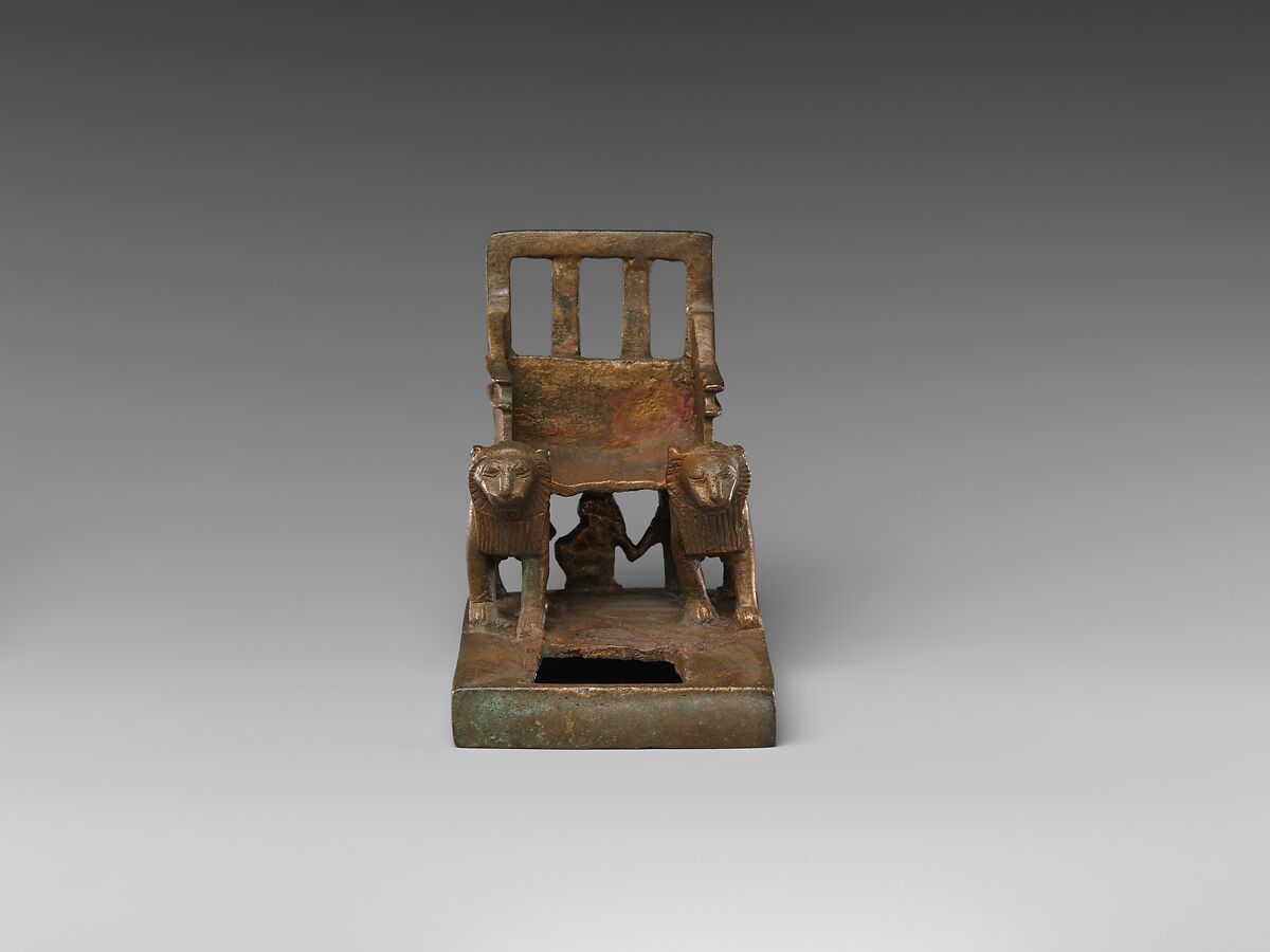 God's throne supported by two striding lions, cupreous metal
