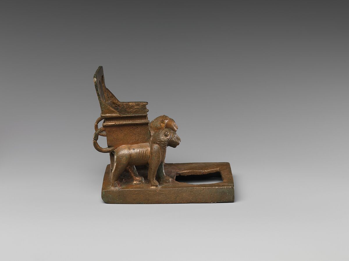 God's throne supported by two striding lions, cupreous metal