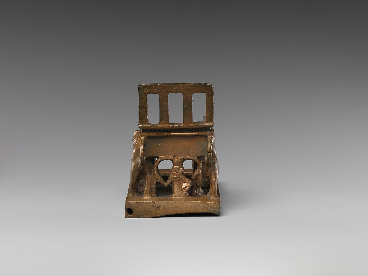 God's throne supported by two striding lions, cupreous metal