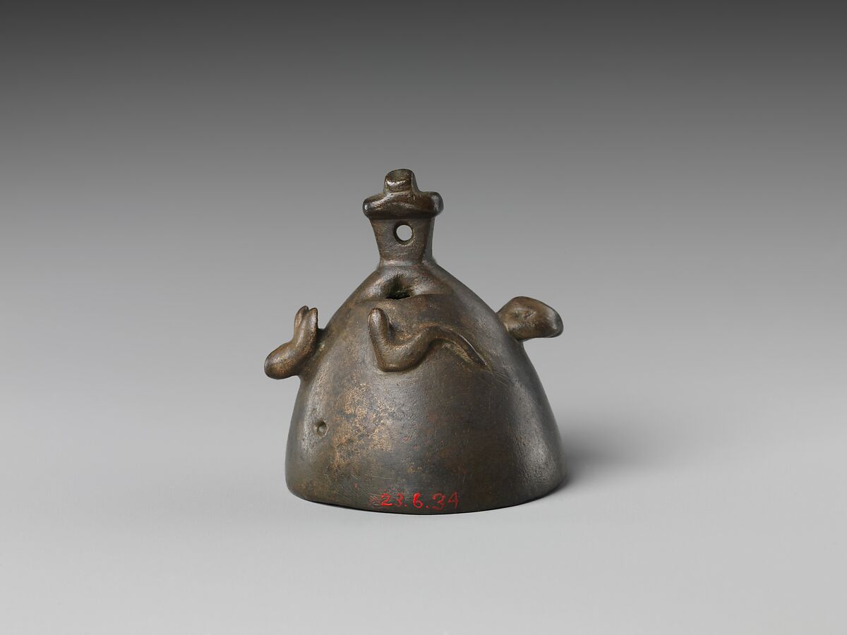 Bell with heads of a ram, a jackal, and a bovine wearing a yoke ending in uraei, Leaded bronze