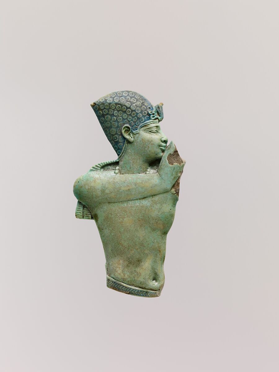 Inlay of the upper part of a king with arms raised, Faience 