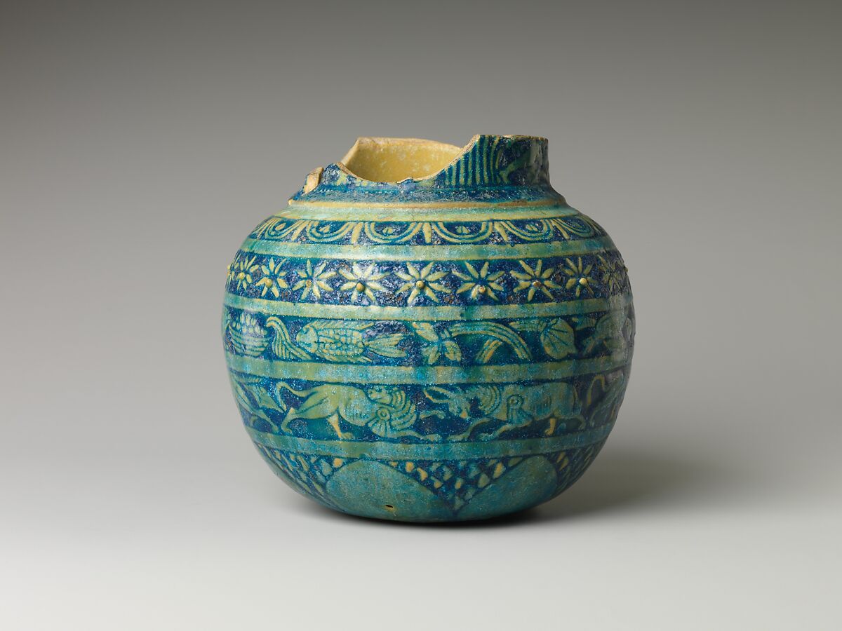Jar with registers of plant ornament and animals, Faience 