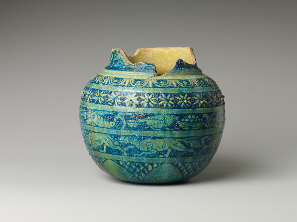 Jar with registers of plant ornament and animals, Faience