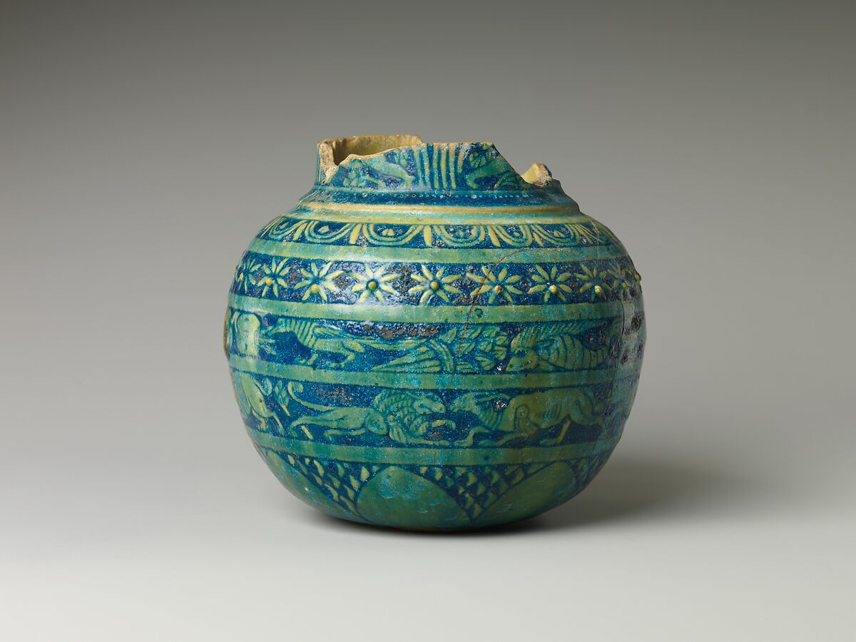 Jar with registers of plant ornament and animals, Faience