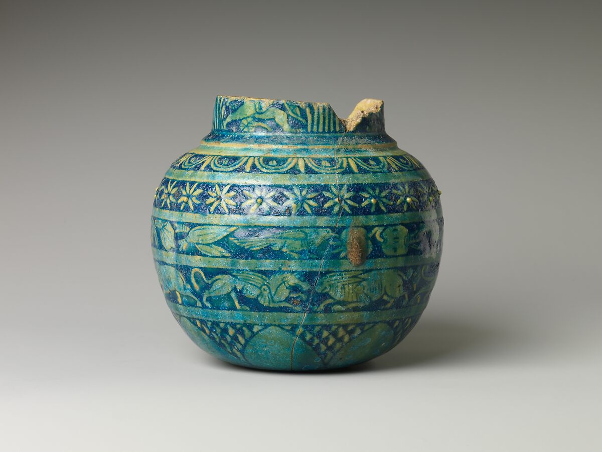 Jar with registers of plant ornament and animals, Faience