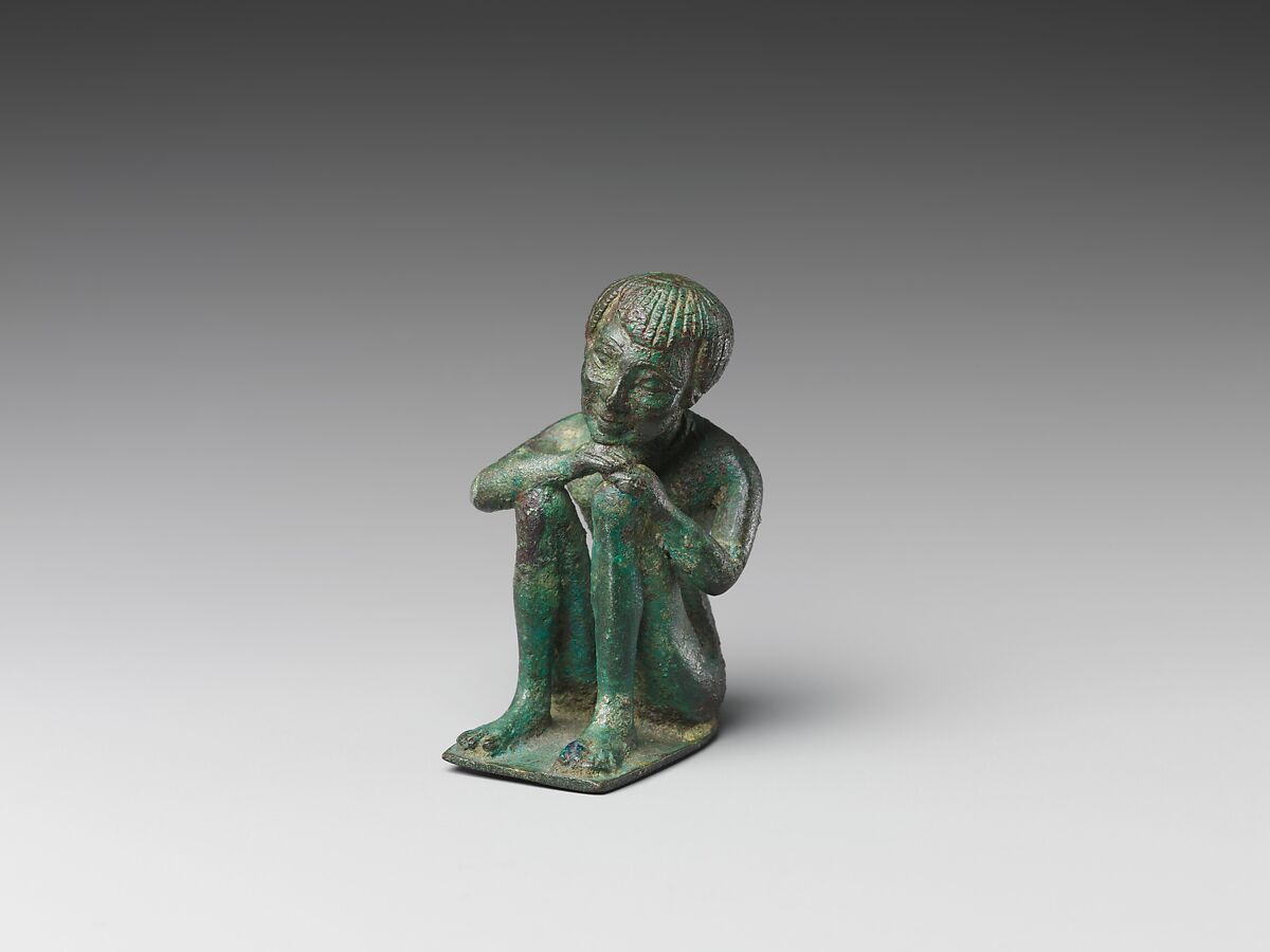 Man squatting with head resting on his hands on his knees, Leaded bronze