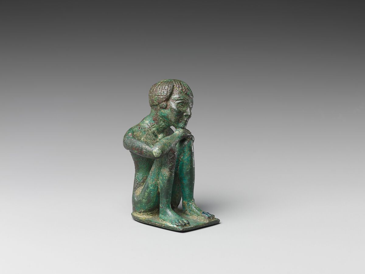 Man squatting with head resting on his hands on his knees, Leaded bronze