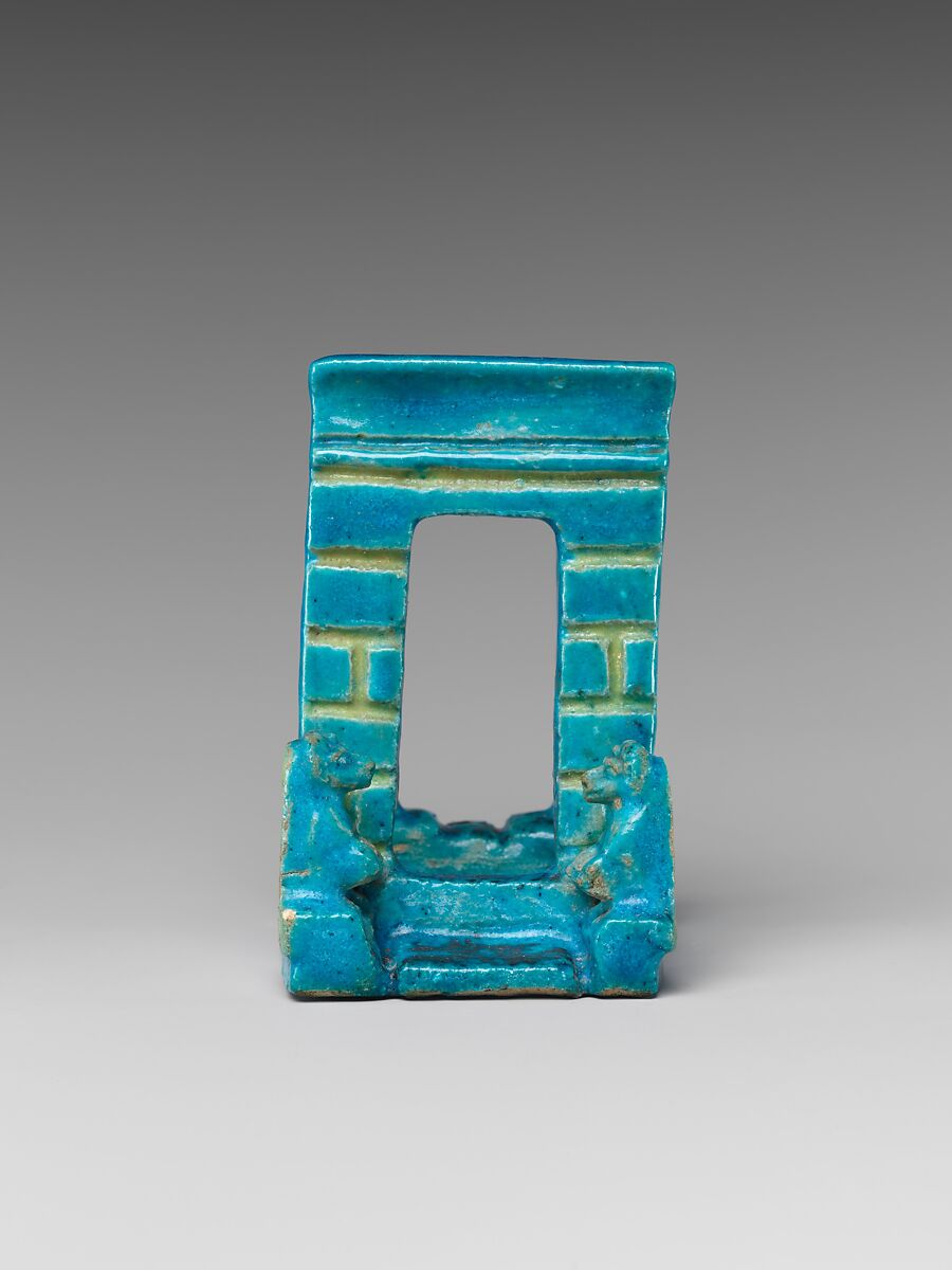 Gateway to a shrine, preceded by two baboons, Faience