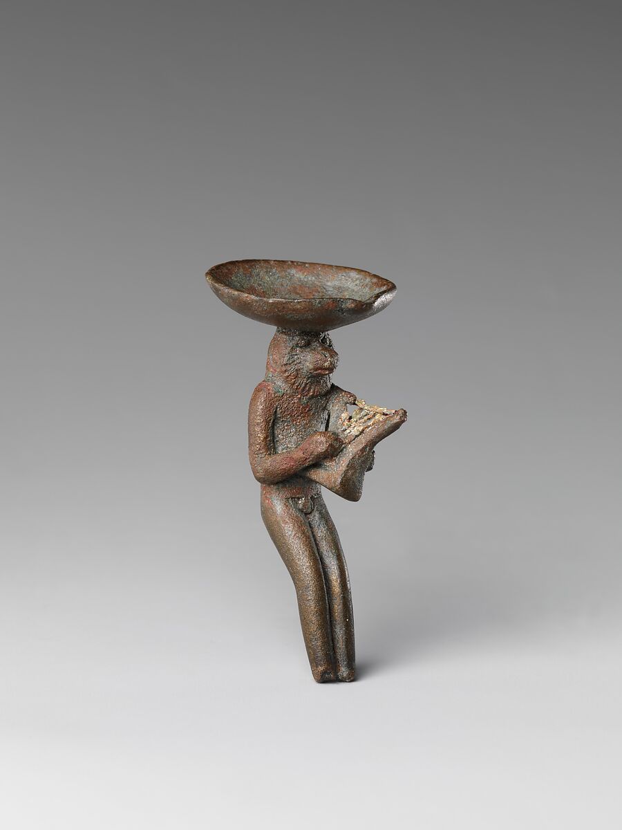Monkey playing the lyre and carrying a dish on its head, Cupreous metal 