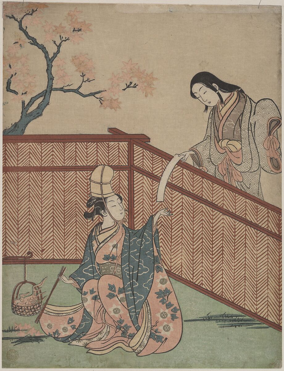 Warming the Sake by Maple Leaf Fire, Suzuki Harunobu (Japanese, 1725–1770), Woodblock print; ink and color on paper, Japan 