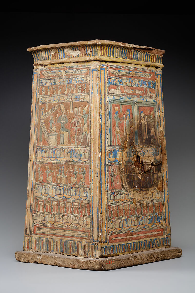 Tall shrine-shaped 'canopic' box, Wood, paste, paint