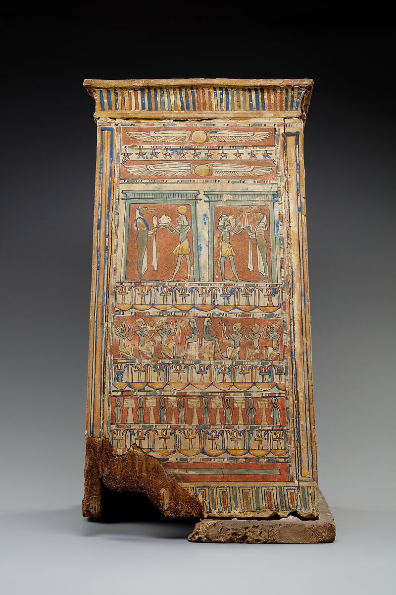 Tall shrine-shaped 'canopic' box, Wood, paste, paint