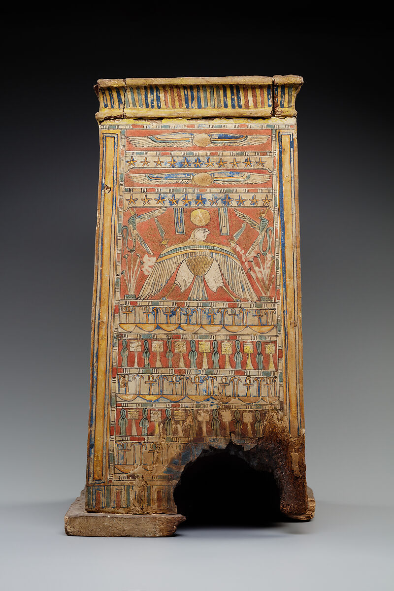 Tall shrine-shaped 'canopic' box, Wood, paste, paint