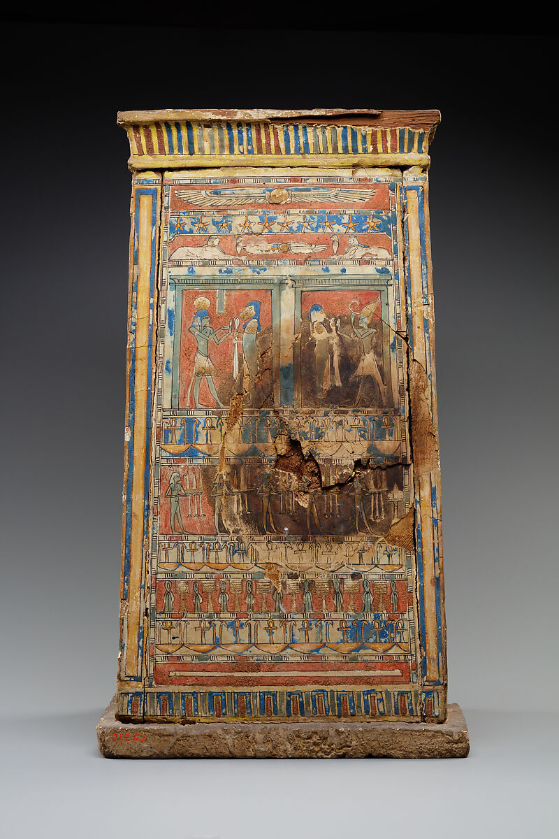 Tall shrine-shaped 'canopic' box, Wood, paste, paint