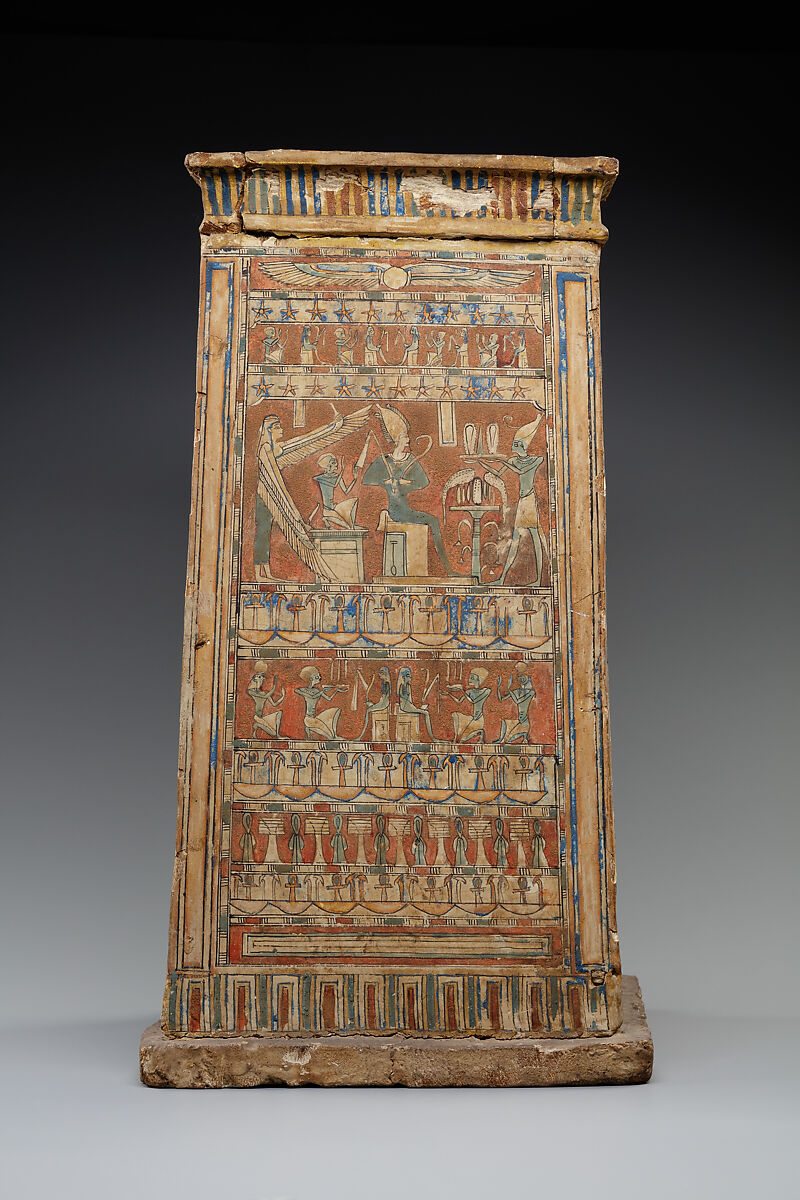 Tall shrine-shaped 'canopic' box, Wood, paste, paint