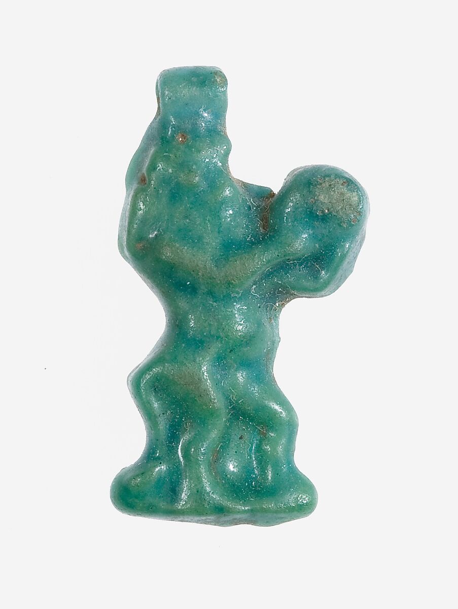 Amulet: Bes with tambourine, Faience, apple green 