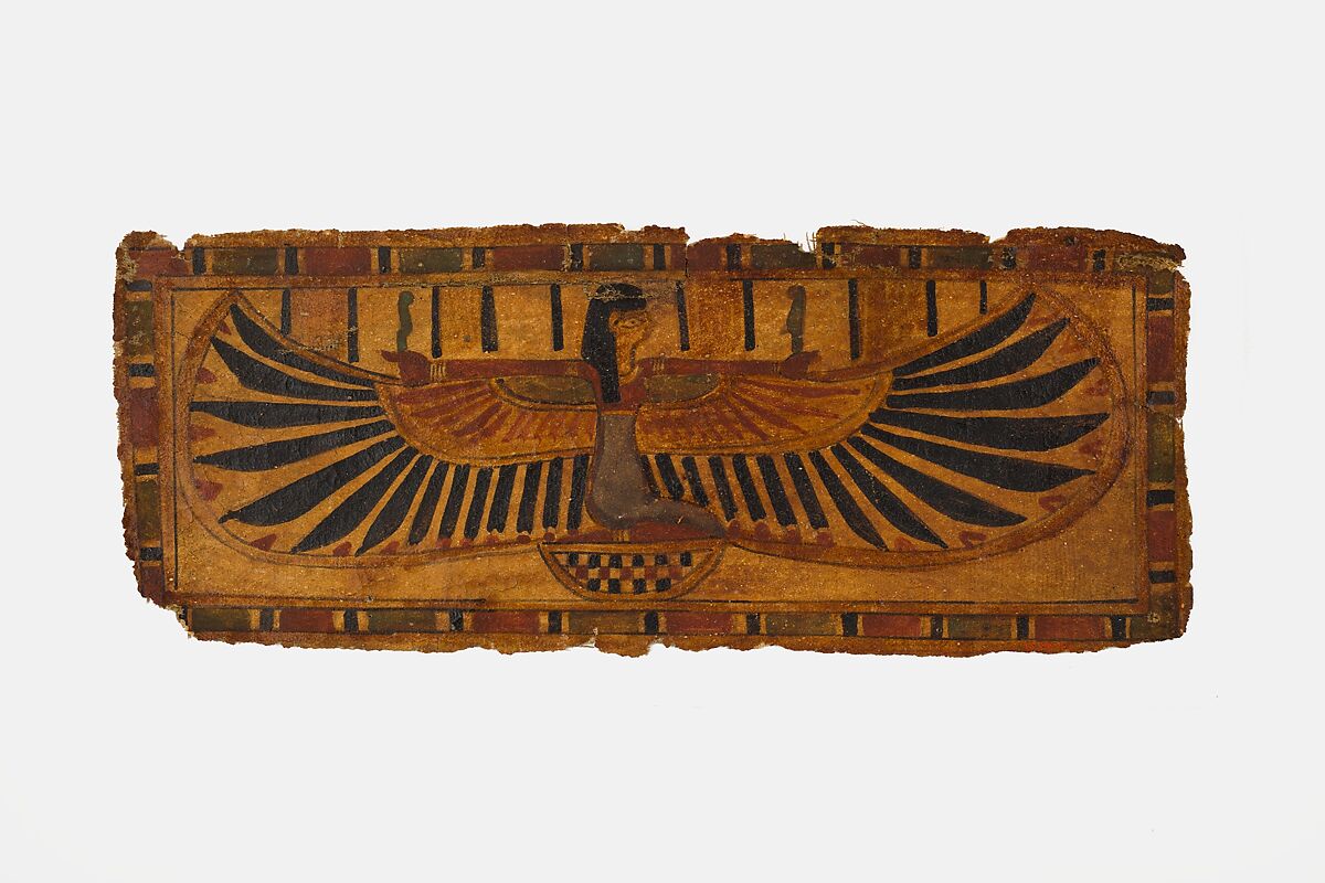 Cartonnage fragment showing goddess with spread wings, Linen, stucco, paint 