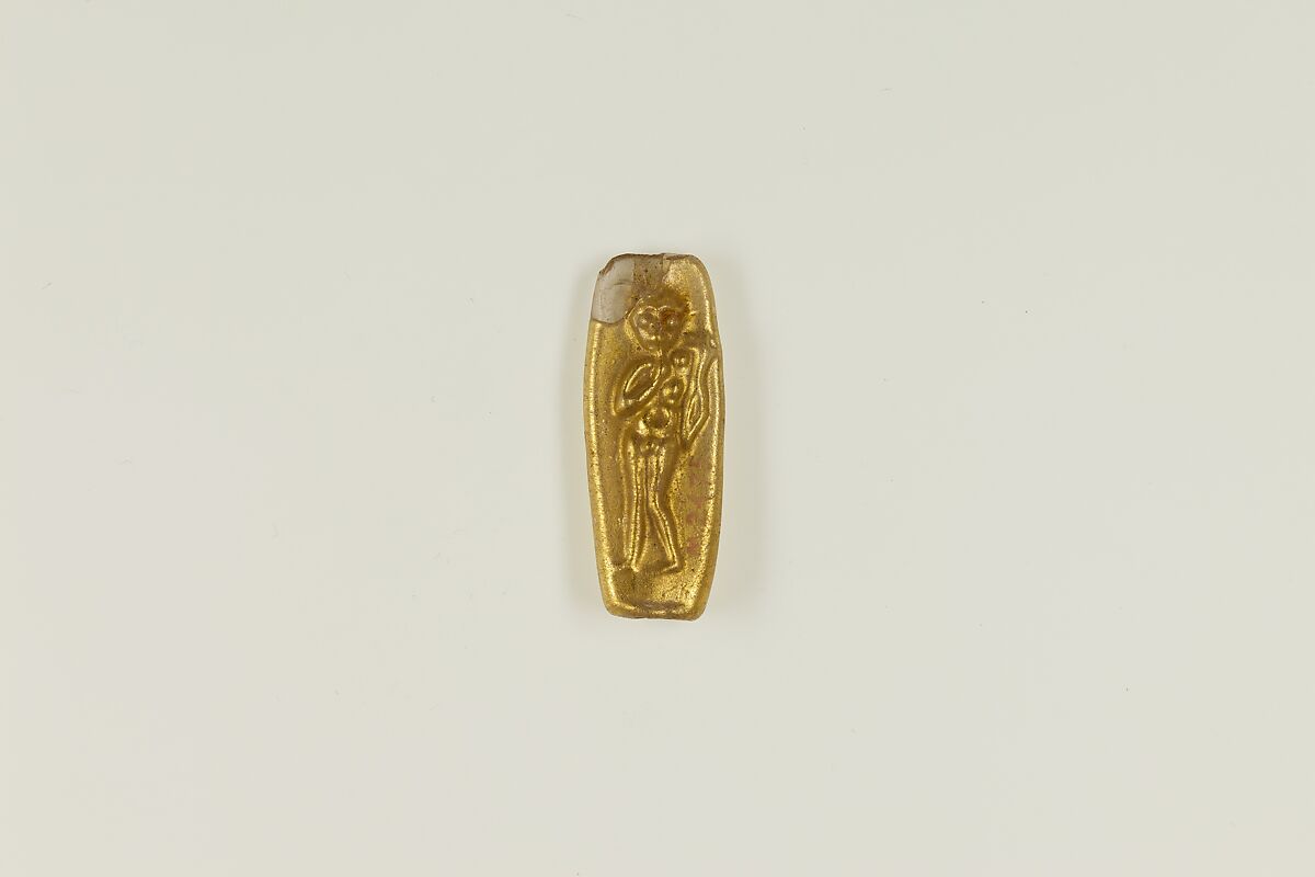 Bead with figure of Harpokrates, Glass, gold foil 