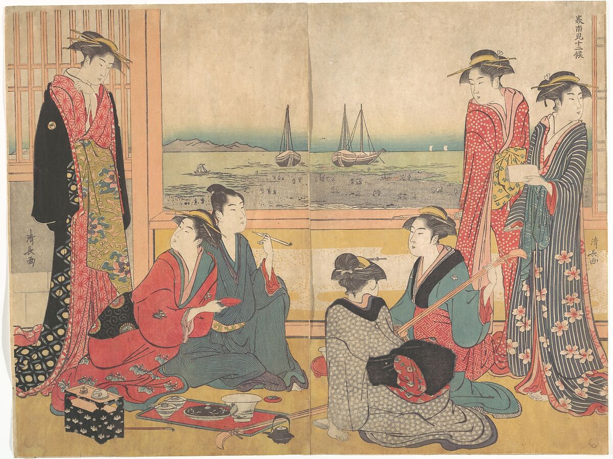 Teahouse in Shinagawa, Torii Kiyonaga (Japanese, 1752–1815), Diptych of woodblock prints; ink with color reprinted and revamped on paper
, Japan 
