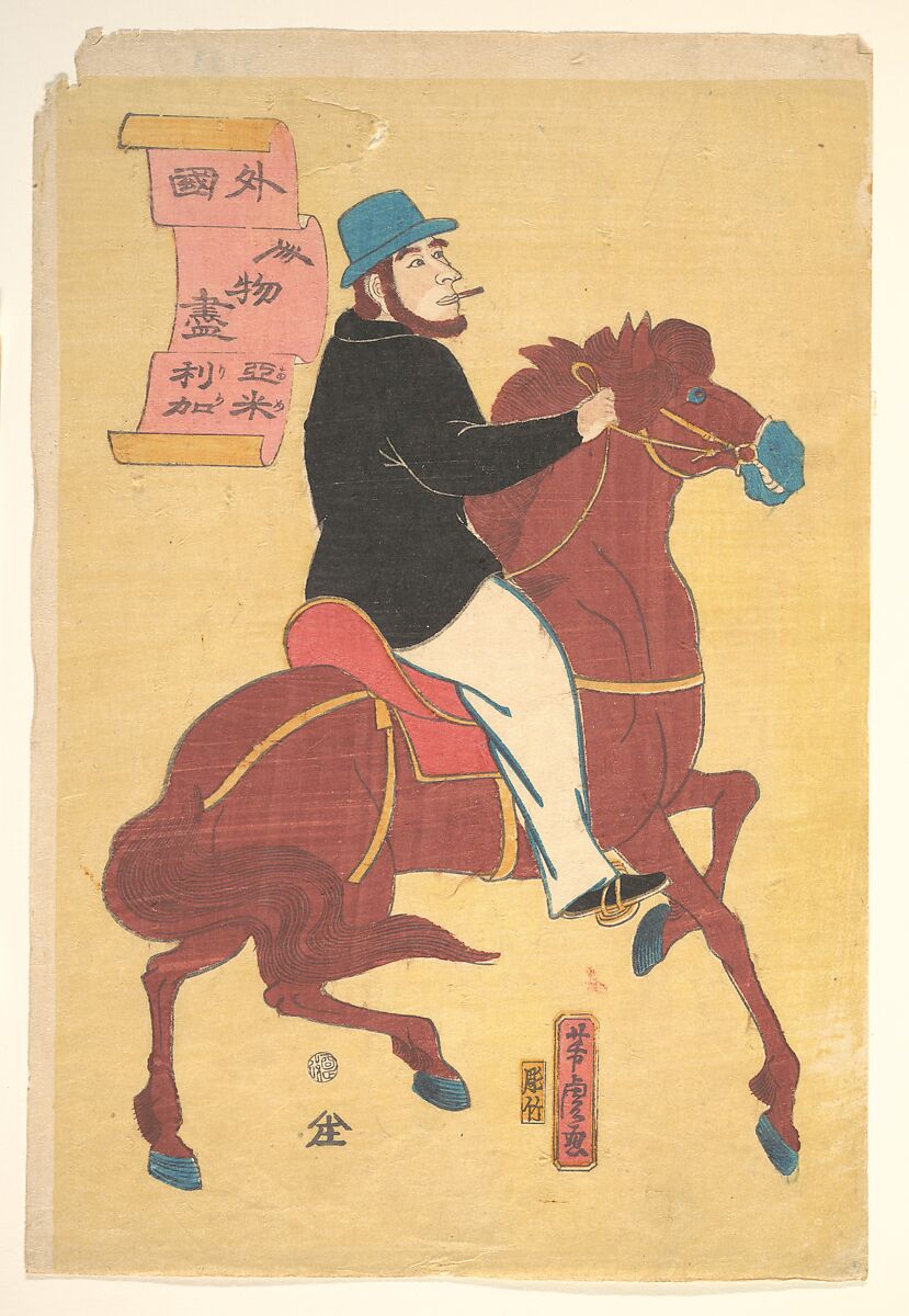 An American on Horseback, Utagawa Yoshitora (Japanese, active ca. 1850–80), Woodblock print; ink and color on paper, Japan 