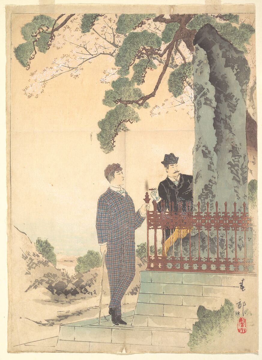 Two Japanese Men in Western Dress, Shunko (Japanese, 1743–1800) (?), Woodblock print; ink and color on paper, Japan 