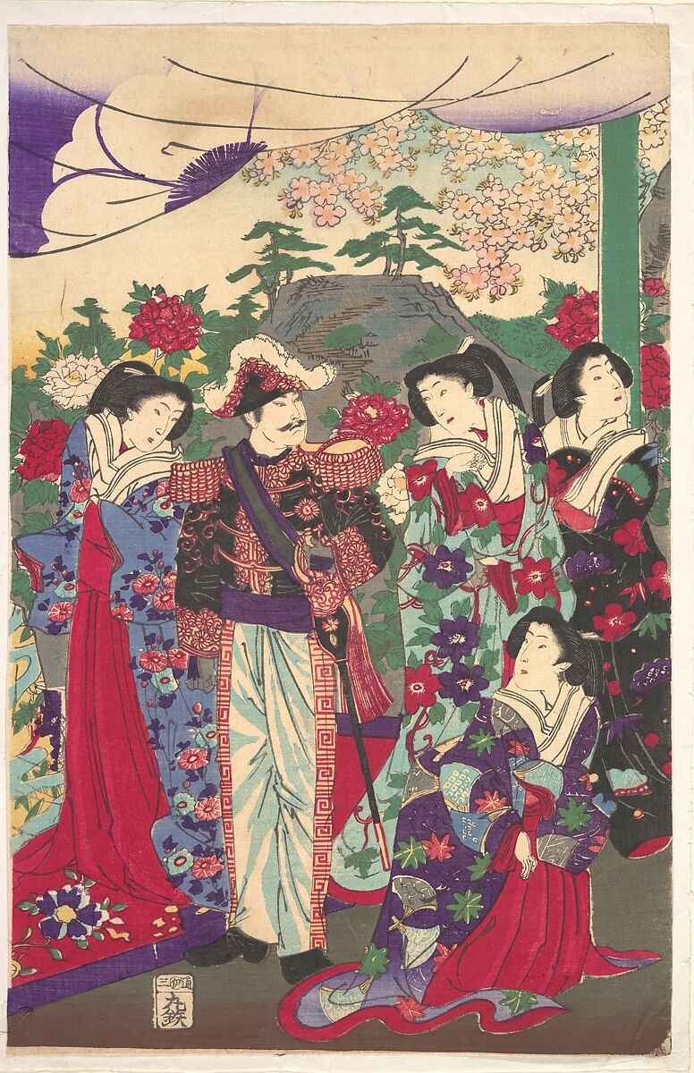 Emperor among Court Ladies, Attributed to Yōshū (Hashimoto) Chikanobu (Japanese, 1838–1912), Woodblock print; ink and color on paper, Japan 