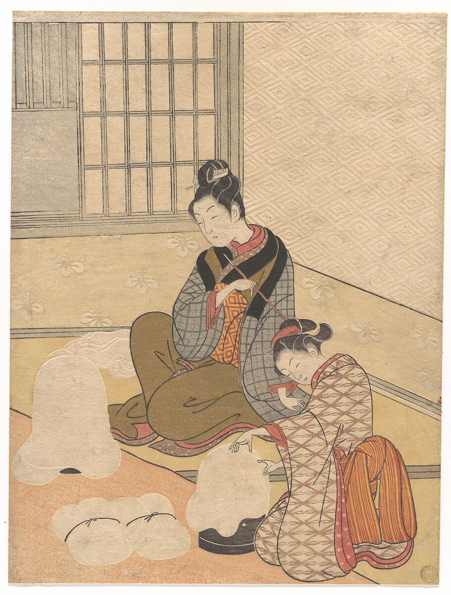 Evening Snow on the Nurioke, from the series Eight Parlor Views, Suzuki Harunobu (Japanese, 1725–1770), Woodblock print; ink and color on paper, Japan 