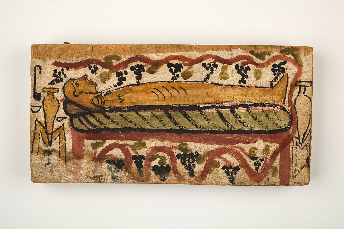 Coffin panel with painting of a bier, Wood, paint 