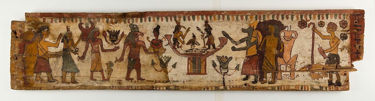 Coffin panel with paintings of funerary rituals and gods, Wood, gesso, paint 