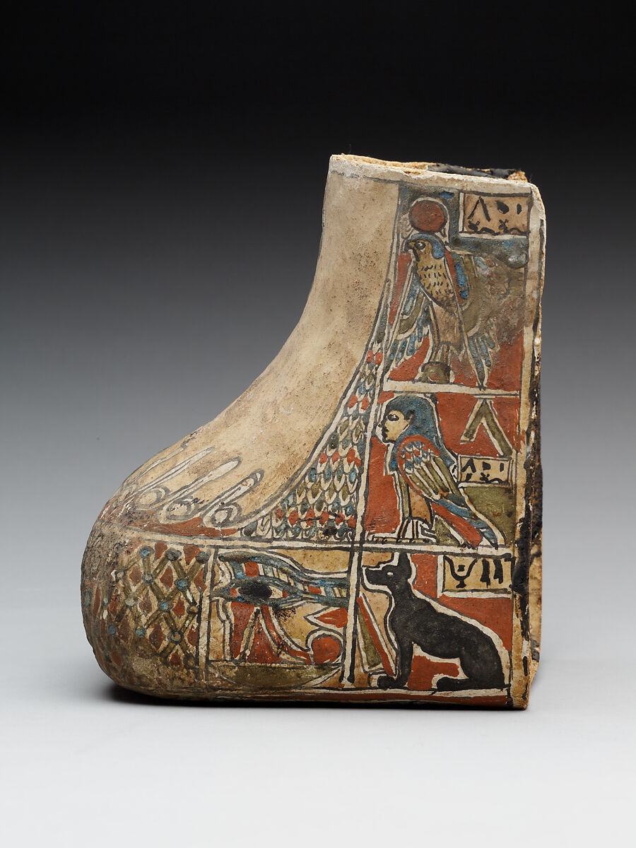 Foot covering from a mummy, with scorpions on soles, Wood, gesso, paint