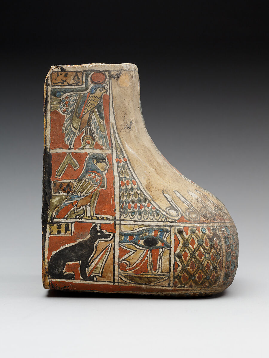 Foot covering from a mummy, with scorpions on soles, Wood, gesso, paint