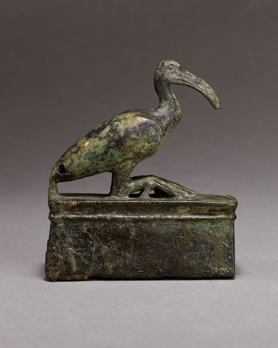 Ibis on a shrine shaped box, probably for an animal mummy, Cupreous metal 
