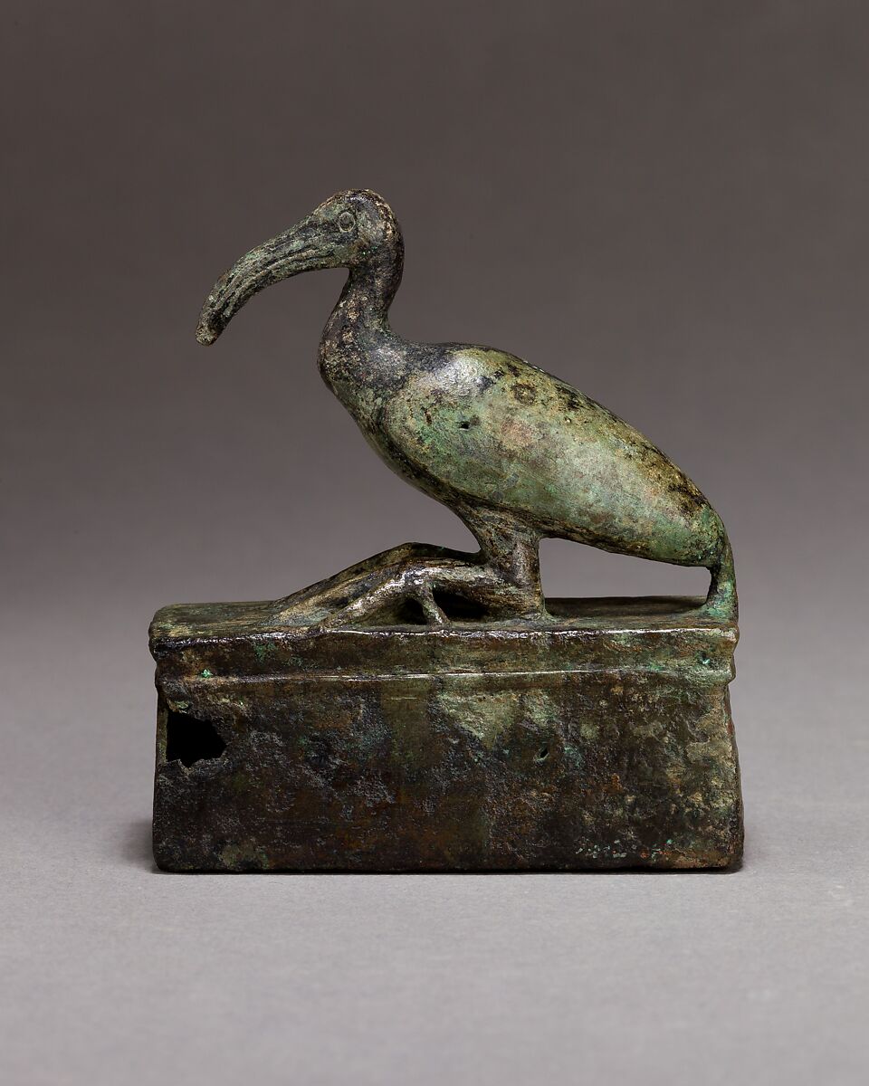 Ibis on a shrine shaped box, probably for an animal mummy, Cupreous metal