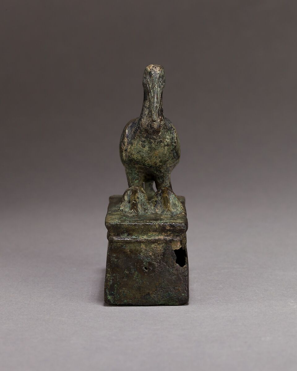 Ibis on a shrine shaped box, probably for an animal mummy, Cupreous metal