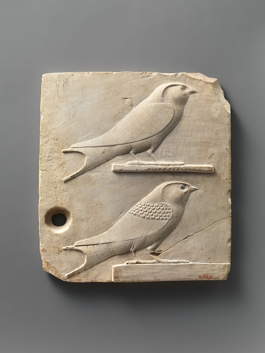 Relief plaque with two swallows, opposite side two quail chicks, Limestone, paint 