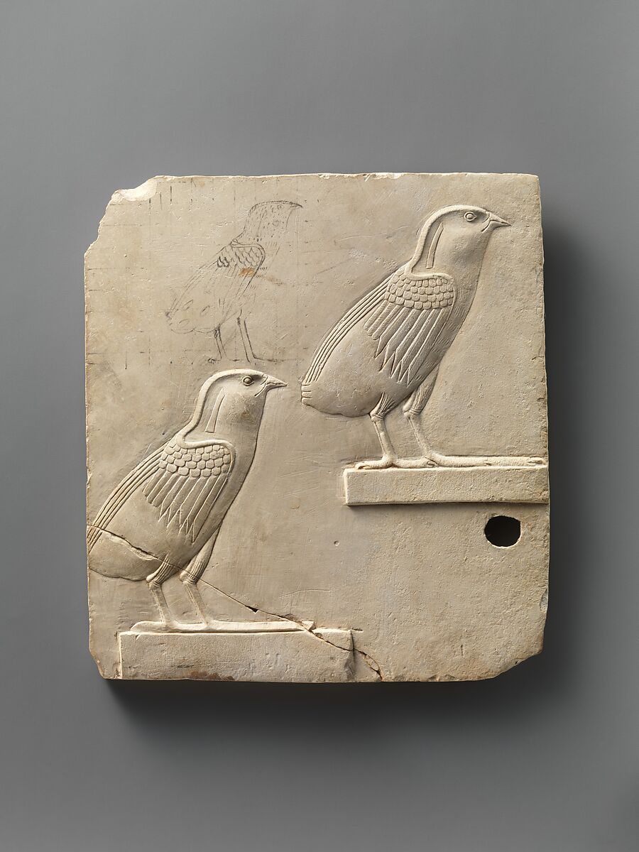 Relief plaque with two swallows, opposite side two quail chicks, Limestone, paint